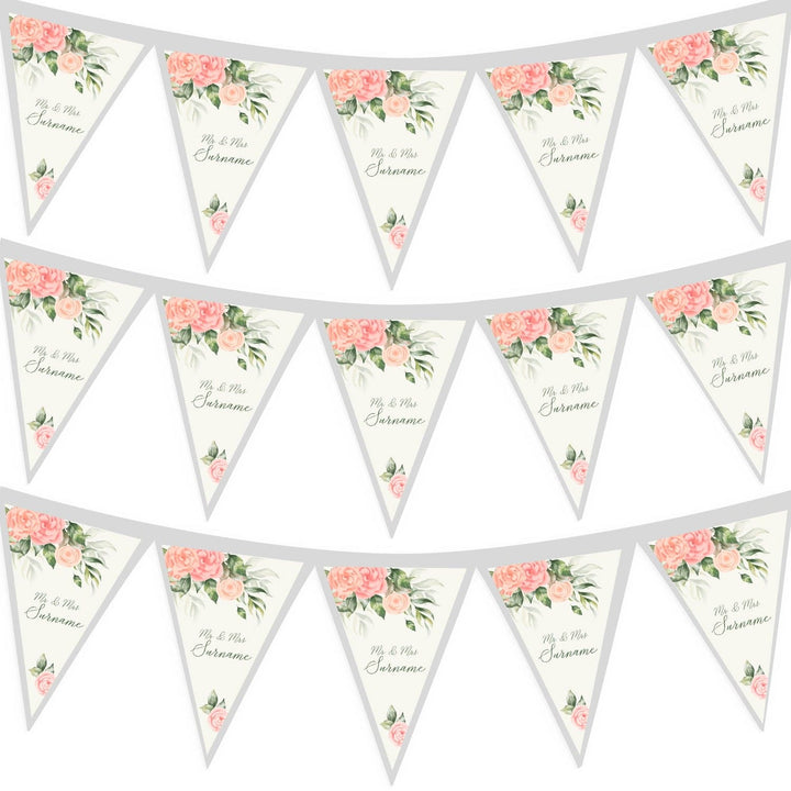Personalised Wedding - Sage & Pink Roses - 3m Fabric Bunting