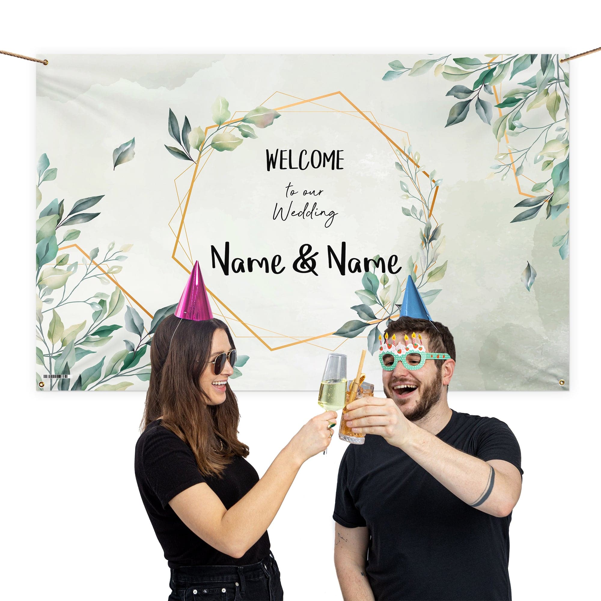Personalised Fabric Photo Banner 5ft x 3ft - Wedding Welcome - Green Leaves