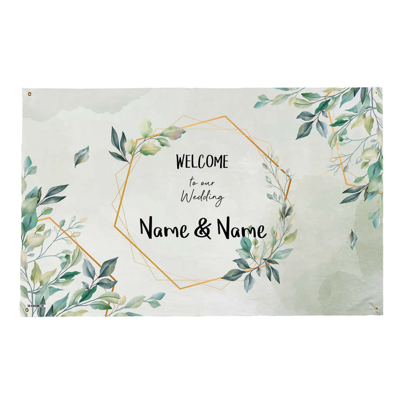 Personalised Fabric Photo Banner 5ft x 3ft - Wedding Welcome - Green Leaves