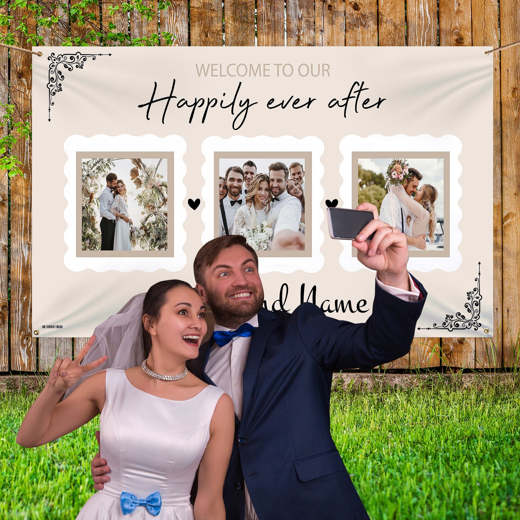 Personalised Fabric Photo Banner 5ft x 3ft - Wedding Happily Ever After