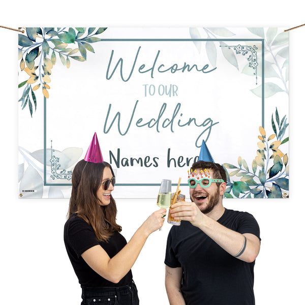 Personalised Fabric Photo Banner 5ft x 3ft - Wedding Welcome - Watercolour Leaves