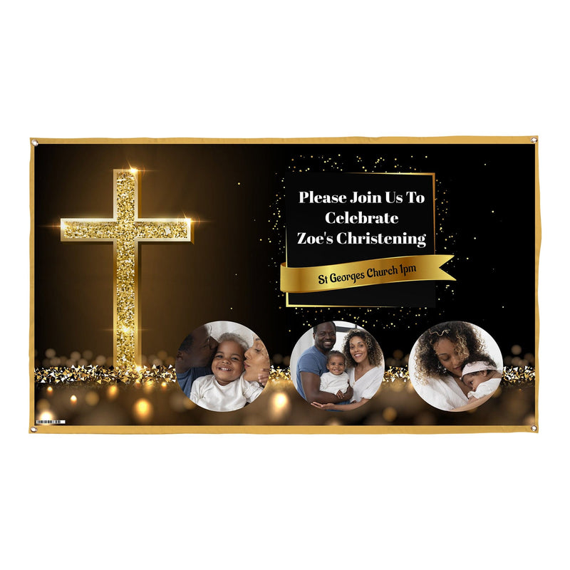 Gold Glitter Cross Photo Banner - Edit text - 5FT X 3FT