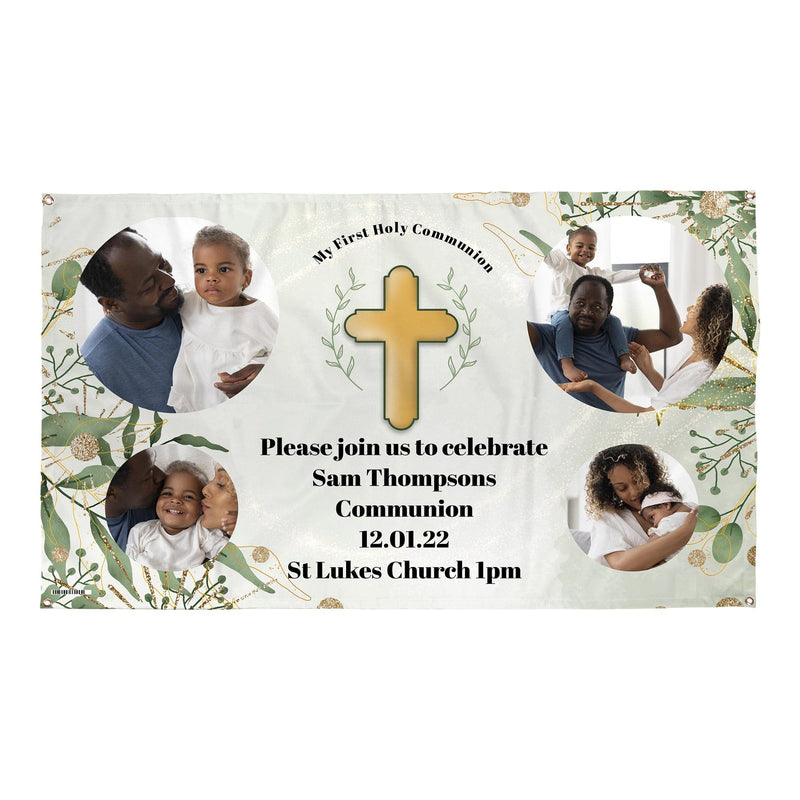 Green Floral Cross Photo Banner - Edit text - 5FT X 3FT